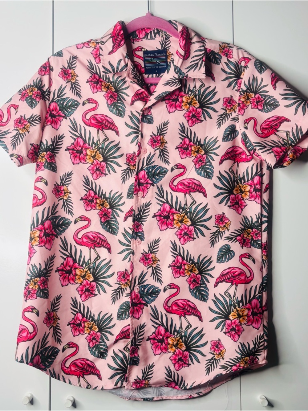 Button-Down Pink Flamingo Print Short Sleeve Shirt